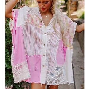 Patchwork Poncho Hoodie Pink Lace Distressed Boho M/L hippie cotton linen